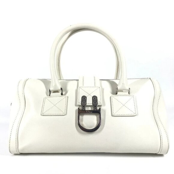 Dior D logo Bag Top Handle Width Bag D Buckle Hand Bag Leather White - Picture 1 of 16